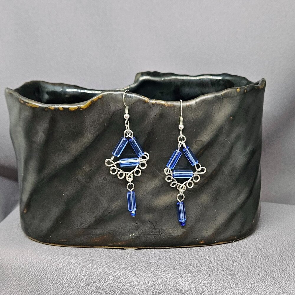Sterling Silver Wirewrapped Earrings of Blue Glass Tube Beads, Handmade 2 3/4"